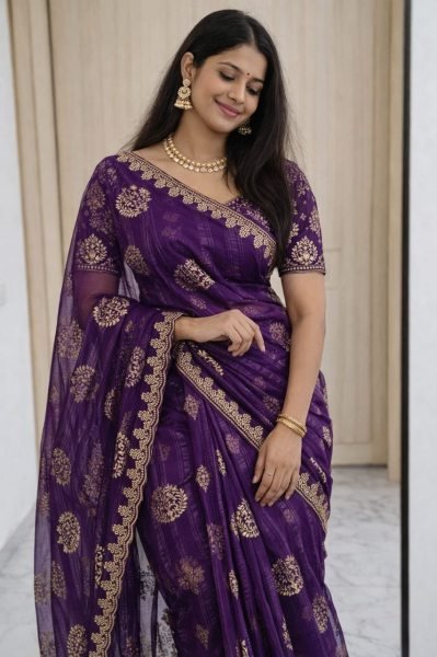Polished Purple Elegant Embroidered Saree for Festive and Wedding Wear Embroidery Sarees Wholesale