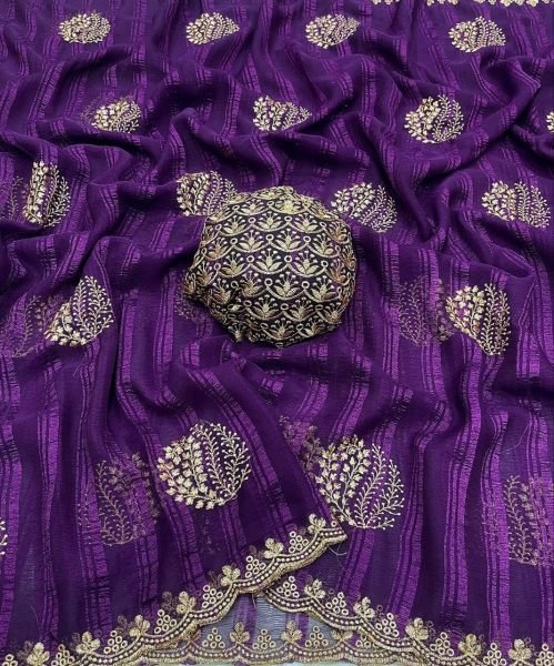 Polished Purple Elegant Embroidered Saree for Festive and Wedding Wear Embroidery Sarees Wholesale