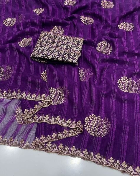 Polished Purple Elegant Embroidered Saree for Festive and Wedding Wear Embroidery Sarees Wholesale