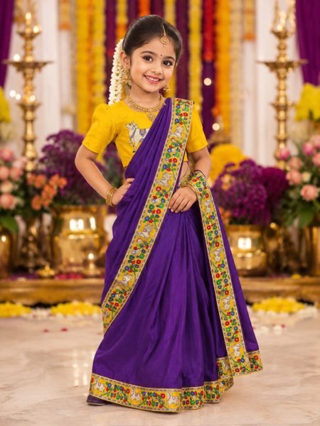 Polished Purple Kids Ready to Wear Kalamkari Printed Chinnon Saree with Dola Silk Blouse 