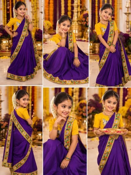 Polished Purple Kids Ready to Wear Kalamkari Printed Chinnon Saree with Dola Silk Blouse Girls Wear