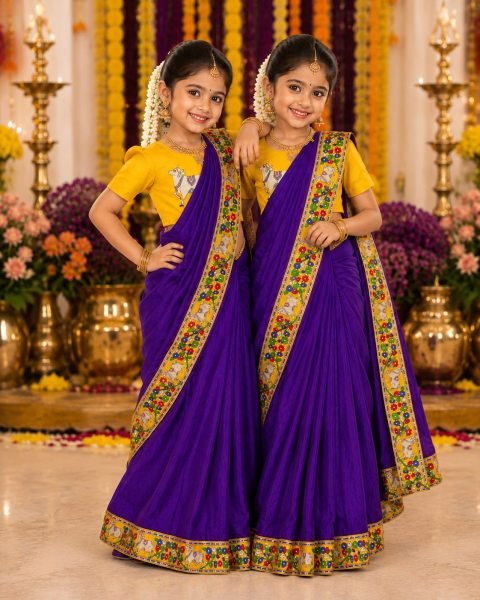 Polished Purple Kids Ready to Wear Kalamkari Printed Chinnon Saree with Dola Silk Blouse Girls Wear