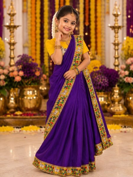 Polished Purple Kids Ready to Wear Kalamkari Printed Chinnon Saree with Dola Silk Blouse Girls Wear