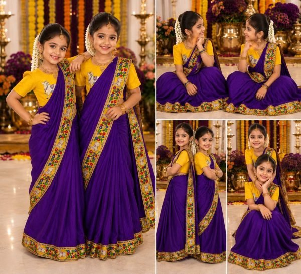 Polished Purple Kids Ready to Wear Kalamkari Printed Chinnon Saree with Dola Silk Blouse Girls Wear