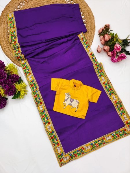 Polished Purple Kids Ready to Wear Kalamkari Printed Chinnon Saree with Dola Silk Blouse Girls Wear