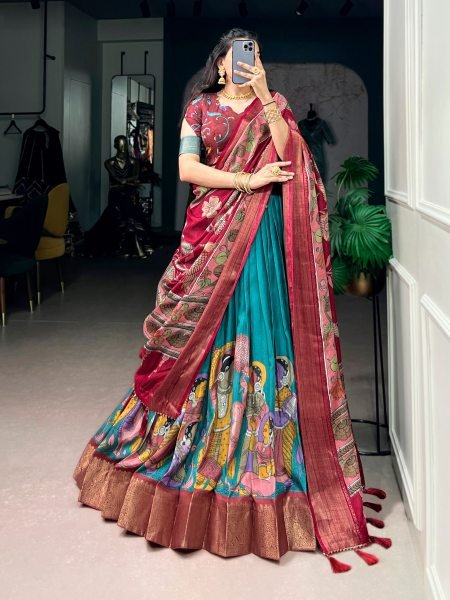 Polished Rama Dola Silk Kalamkari Lehenga Choli with Zari Woven Border and Dupatta Designer Lehenga Choli