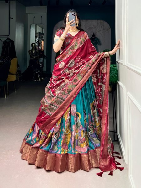 Polished Rama Dola Silk Kalamkari Lehenga Choli with Zari Woven Border and Dupatta Designer Lehenga Choli