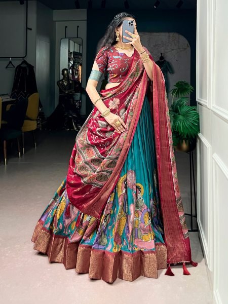 Polished Rama Dola Silk Kalamkari Lehenga Choli with Zari Woven Border and Dupatta Designer Lehenga Choli