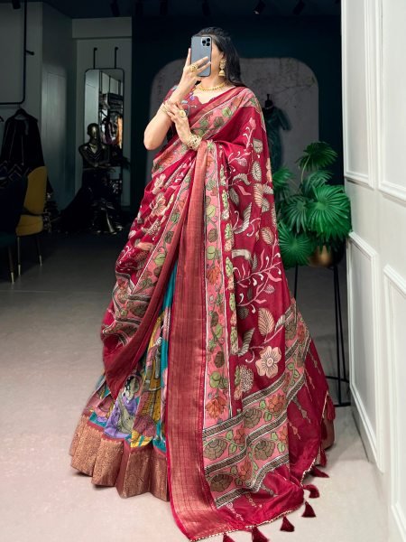 Polished Rama Dola Silk Kalamkari Lehenga Choli with Zari Woven Border and Dupatta Designer Lehenga Choli