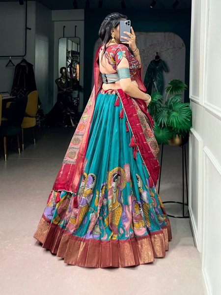 Polished Rama Dola Silk Kalamkari Lehenga Choli with Zari Woven Border and Dupatta Designer Lehenga Choli