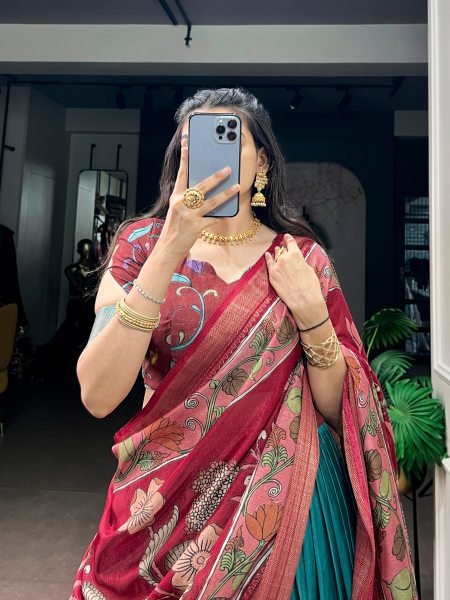 Polished Rama Dola Silk Kalamkari Lehenga Choli with Zari Woven Border and Dupatta Designer Lehenga Choli