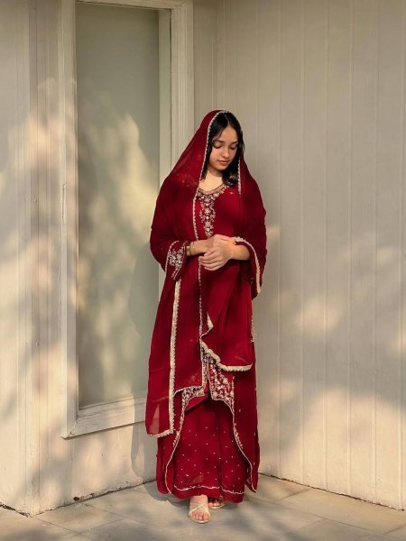 Polished Red Georgette Kurti Set With Embroidered Kurti Palazzo Set for Festive Wear Ready To Wear Suit