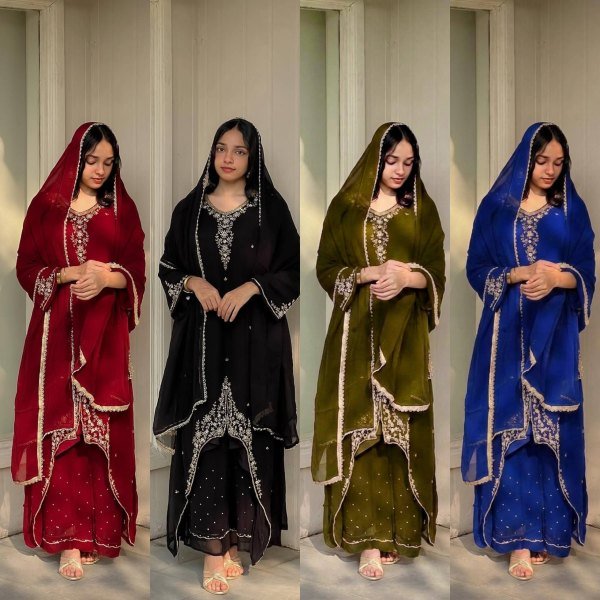 Polished Red Georgette Kurti Set With Embroidered Kurti Palazzo Set for Festive Wear Ready To Wear Collection