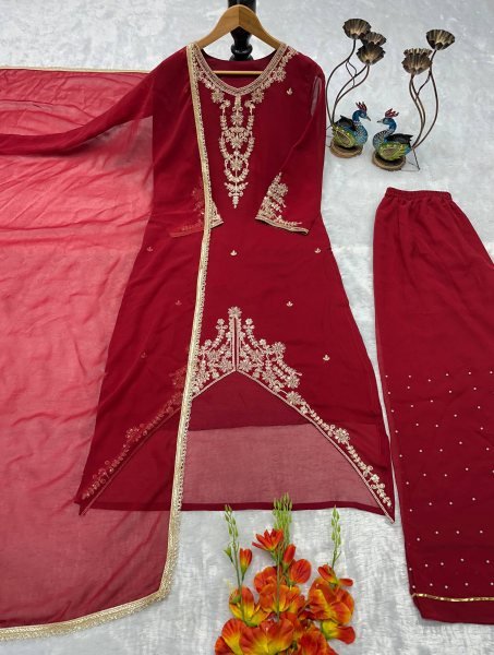 Polished Red Georgette Kurti Set With Embroidered Kurti Palazzo Set for Festive Wear Ready To Wear Collection