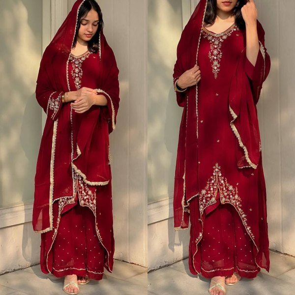 Polished Red Georgette Kurti Set With Embroidered Kurti Palazzo Set for Festive Wear Ready To Wear Collection