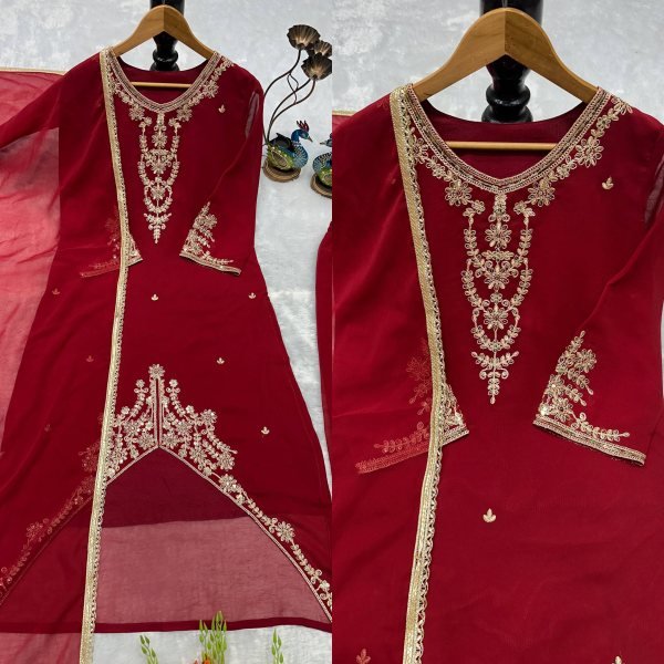 Polished Red Georgette Kurti Set With Embroidered Kurti Palazzo Set for Festive Wear Ready To Wear Collection