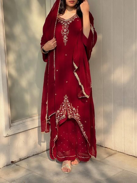 Polished Red Georgette Kurti Set With Embroidered Kurti Palazzo Set for Festive Wear Ready To Wear Collection