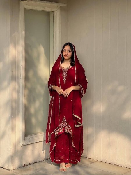Polished Red Georgette Kurti Set With Embroidered Kurti Palazzo Set for Festive Wear Ready To Wear Collection
