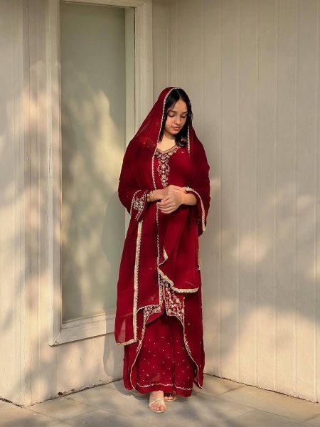 Polished Red Georgette Kurti Set With Embroidered Kurti Palazzo Set for Festive Wear Ready To Wear Collection