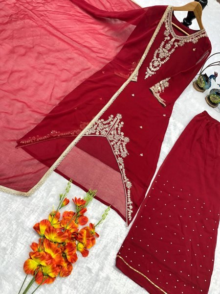 Polished Red Georgette Kurti Set With Embroidered Kurti Palazzo Set for Festive Wear Ready To Wear Collection