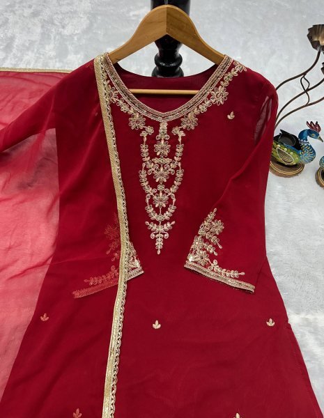 Polished Red Georgette Kurti Set With Embroidered Kurti Palazzo Set for Festive Wear Ready To Wear Collection