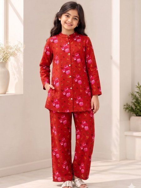 Polished Red Kids Casual Wear Premium Cotton Printed Cord Set Kurtis