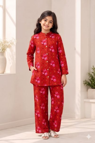 Polished Red Kids Casual Wear Premium Cotton Printed Cord Set Girls Wear