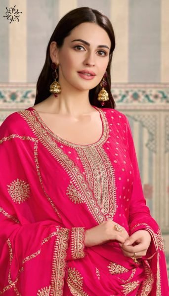 Polished Self Weave Chiniya Silk Suit Set with Embroidered Dupatta of Export Quality Embroidery Suits Wholesale