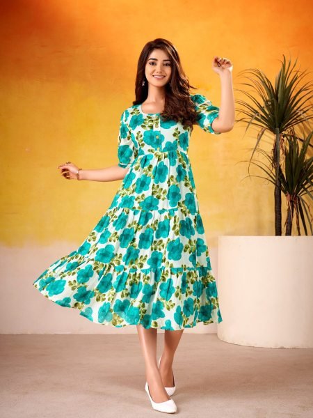 Polished Sky Blue  Floral Printed Vichitra Silk Frock with 5 Meter Flair for Party Wear Tunics kurti