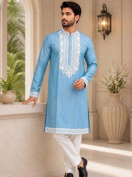 Polished Sky Blue Premium Soft Silk Kurta Pajama with Designer Neck Work For Party 