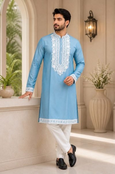 Polished Sky Blue Premium Soft Silk Kurta Pajama with Designer Neck Work For Party Kurta Pajama Wholesale