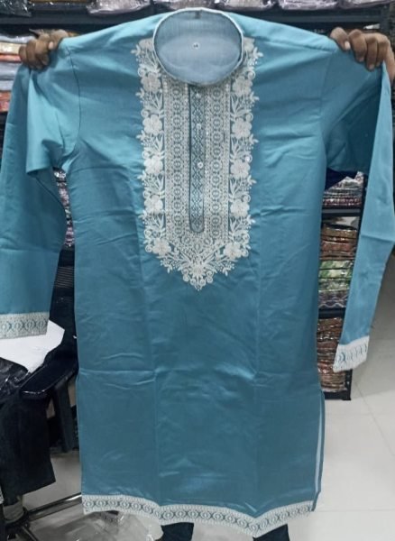 Polished Sky Blue Premium Soft Silk Kurta Pajama with Designer Neck Work For Party Kurta Pajama Wholesale