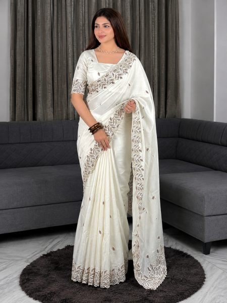 Polished White Arry Cotton Saree with Thread Embroidery and Elegant Cutwork at Factory Price 