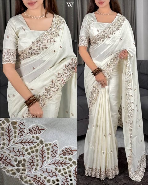 Polished White Arry Cotton Saree with Thread Embroidery and Elegant Cutwork at Factory Price Cotton Sarees Wholesale