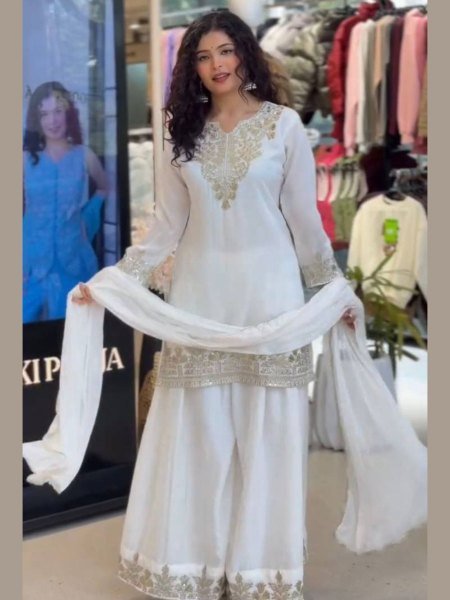 Polished White Fendy Fabric Suit Set with Sequins Embroidery for Wedding Wear Ready To Wear Suit