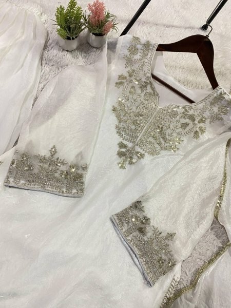 Polished White Fendy Fabric Suit Set with Sequins Embroidery for Wedding Wear Ready To Wear Collection