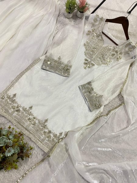 Polished White Fendy Fabric Suit Set with Sequins Embroidery for Wedding Wear Ready To Wear Collection