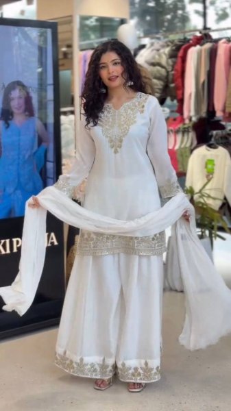 Polished White Fendy Fabric Suit Set with Sequins Embroidery for Wedding Wear Ready To Wear Collection