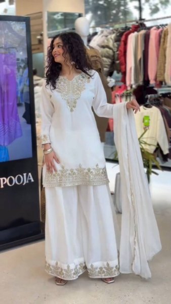 Polished White Fendy Fabric Suit Set with Sequins Embroidery for Wedding Wear Ready To Wear Collection