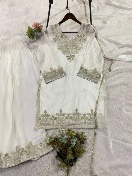Polished White Fendy Fabric Suit Set with Sequins Embroidery for Wedding Wear Ready To Wear Collection