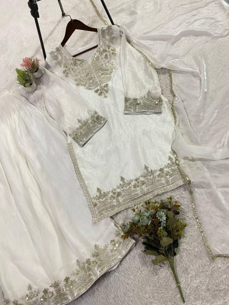 Polished White Fendy Fabric Suit Set with Sequins Embroidery for Wedding Wear Ready To Wear Collection