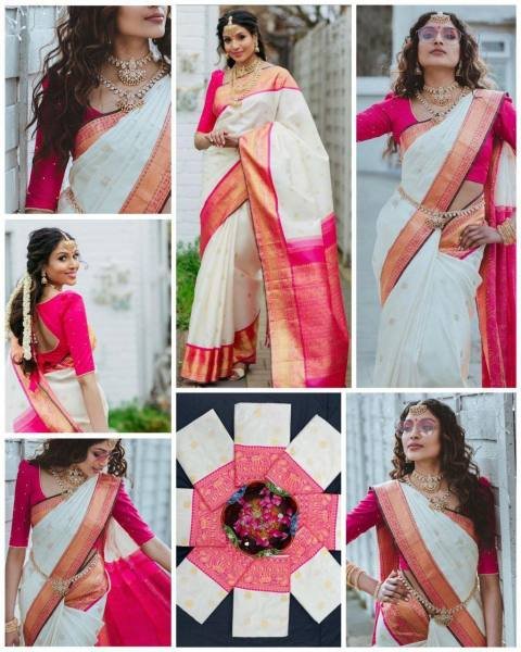 Pongal 2026 White Soft Lichi Silk Saree with Rich Jacquard Work South Indian Saree 