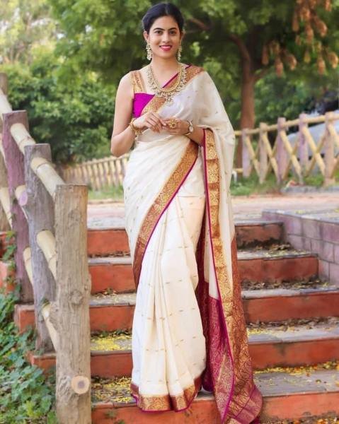 Pongal 2026 White Soft Lichi Silk Saree with Rich Jacquard Work South Indian Saree 