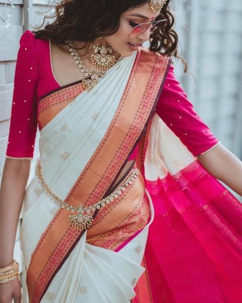 Pongal 2026 White Soft Lichi Silk Saree with Rich Jacquard Work South Indian Saree 