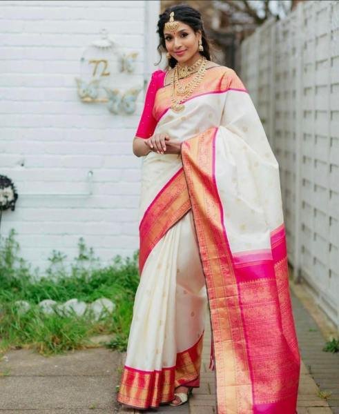 Pongal 2026 White Soft Lichi Silk Saree with Rich Jacquard Work South Indian Saree 