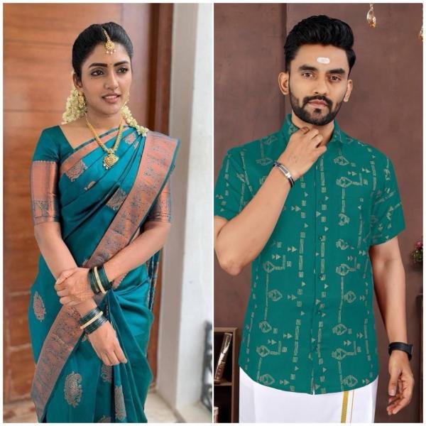 Pongal Collection for Men Women Combo Saree  Shirt   Dhoti Set South Indian Saree 