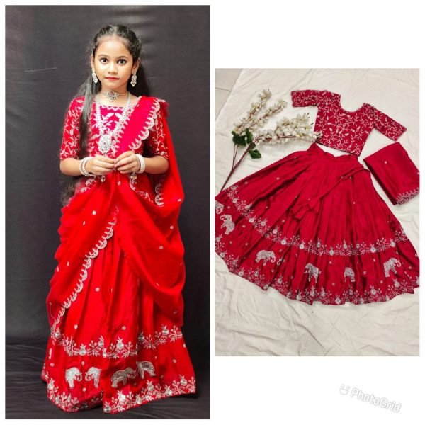 Pongal Special Kids Lehenga Choli - Pure Chinon Silk with Zari Embroidery Girls Wear