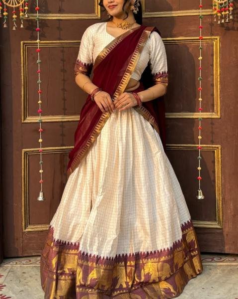 Pongal Special  White Color Cotton Lehenga Choli With Maroon Duppata And Zari Work at Manufacturer Rate 2026 Half Saree Lehenga