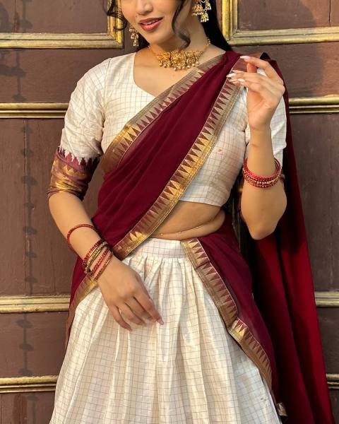 Pongal Special  White Color Cotton Lehenga Choli With Maroon Duppata And Zari Work at Manufacturer Rate 2026 Half Saree Lehenga