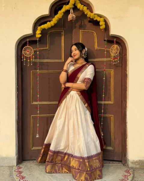 Pongal Special  White Color Cotton Lehenga Choli With Maroon Duppata And Zari Work at Manufacturer Rate 2026 Half Saree Lehenga